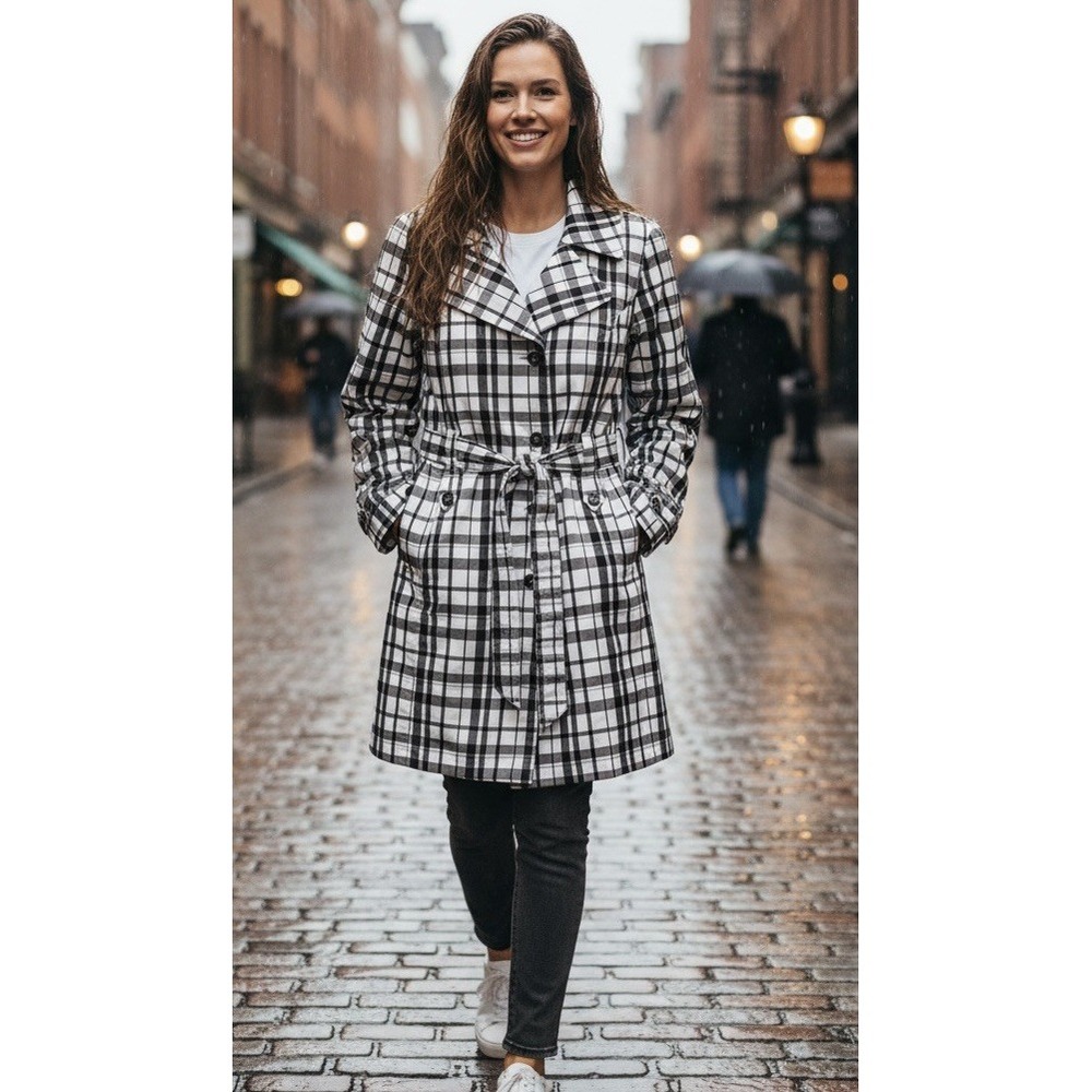 Black White Plaid Button Up Trench rain Coat Women's Size XXL NWT